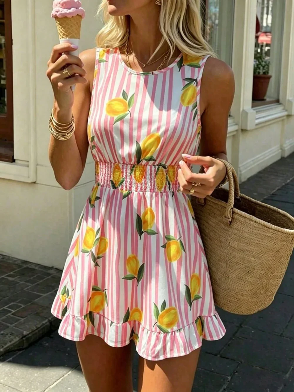 Casual Women's pink stripe lemon print ruffled hem mini Dress - Picture 4 of 4